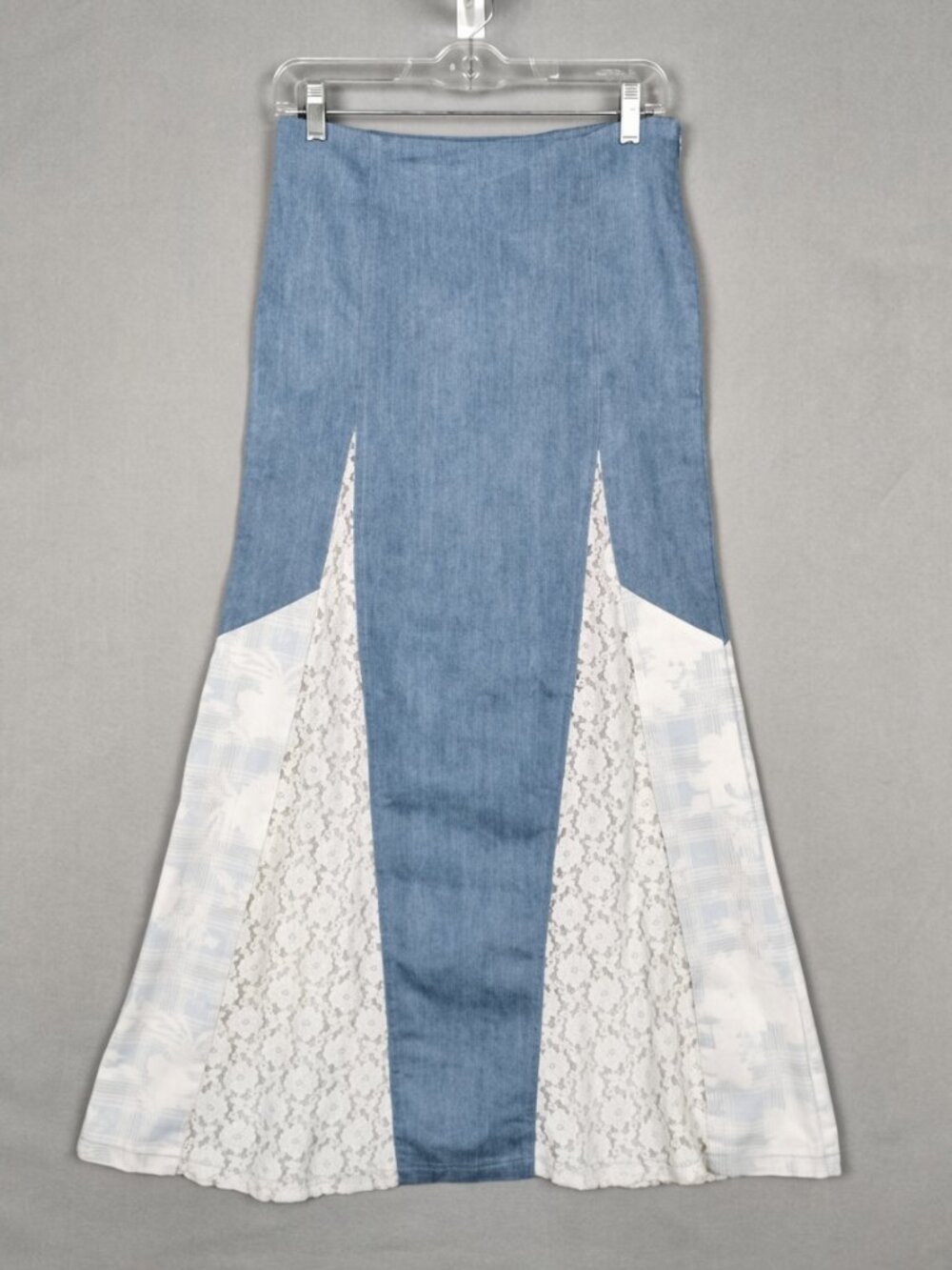 Tiger Mist Logan Maxi Skirt Paneled Denim Lace Inserts Flared Fishtail Size S